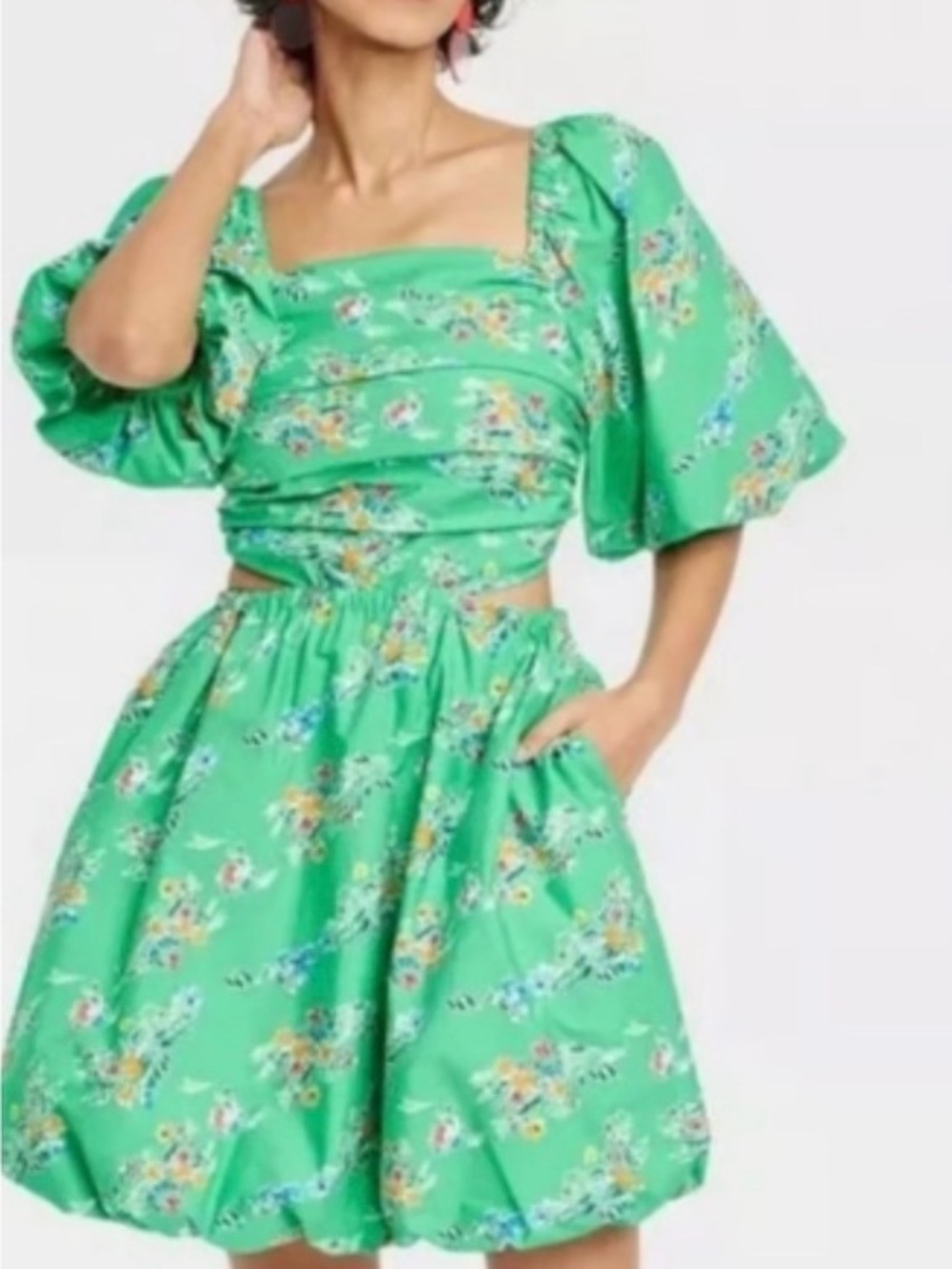 a new day Green Floral Puff-Sleeve Bubble Skirt Cut Out Dress